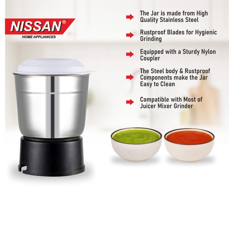 NISSAN HOME APPLIANCES 800ML Stainless Steel Juicer Mixer Grinder Jar | Heavy Duty Replacement Mixie Jar for Grinding, Blending & Juicing | Compatible with Most Mixer Grinders | Durable Food-Grade Steel Body